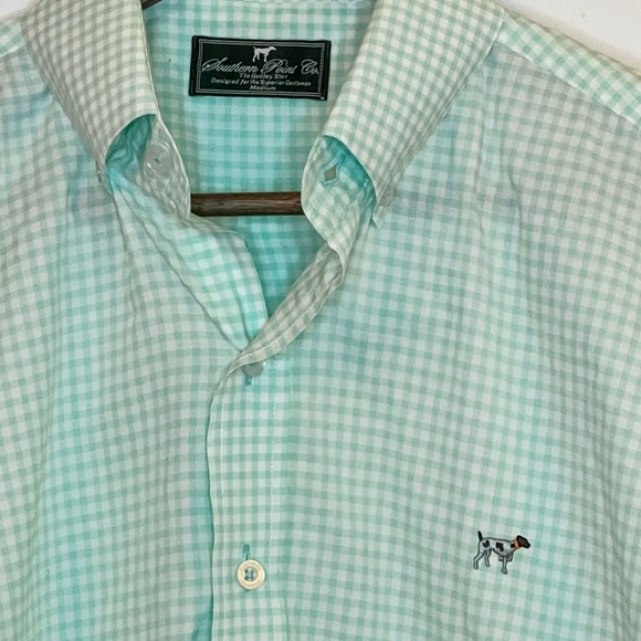 Southern Point Green Gingham Plaid Preppy Dress Shirt Embroidered Dog Sz Medium - Picture 5 of 7